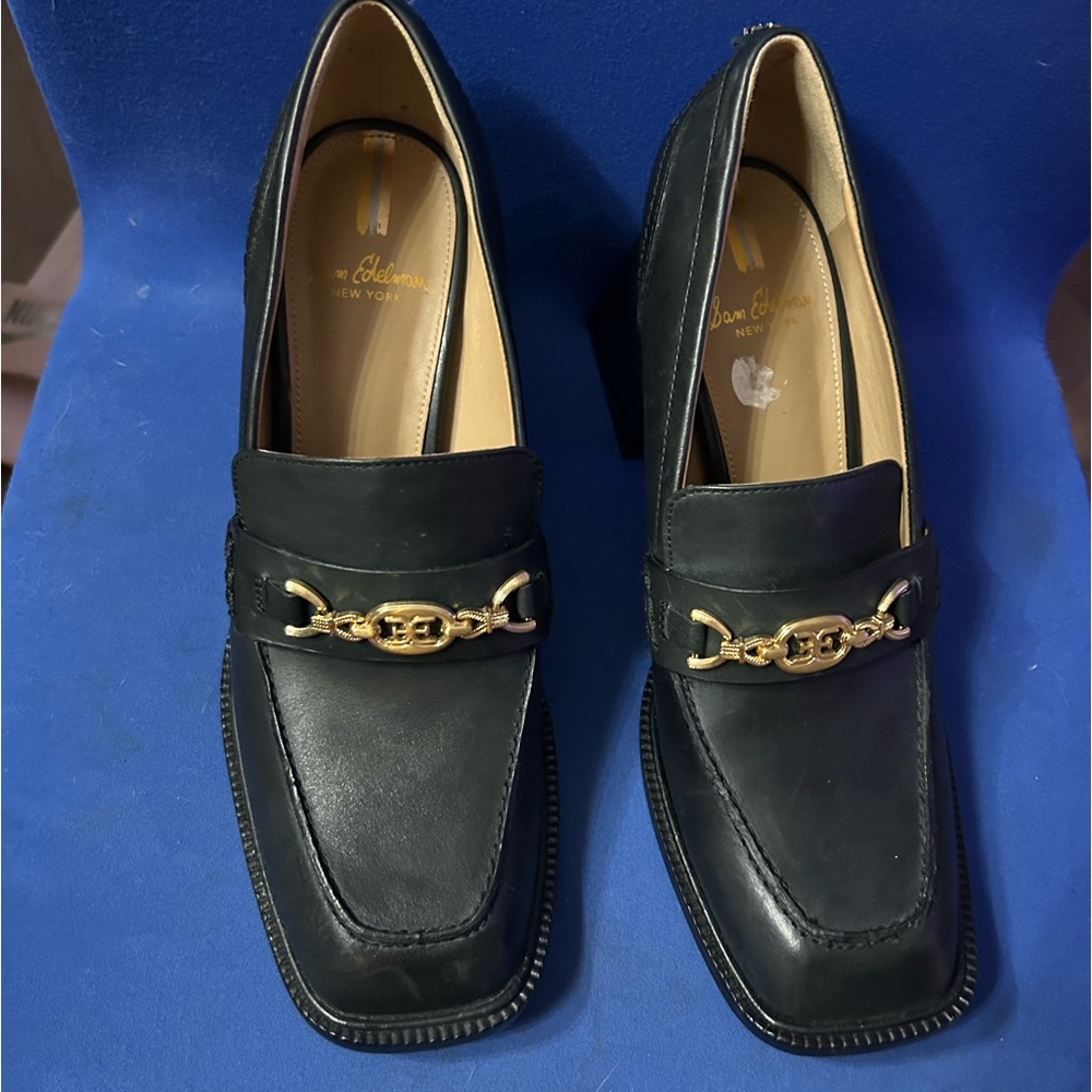 Sam Edelman Quincy Black Squared Toe Stacked High Heel Slip On Fashion Loafers